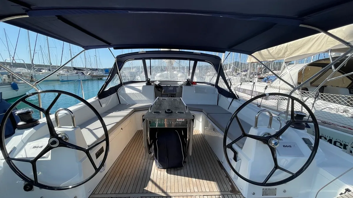 Cockpit of Vela, a Beneteau Oceanis 40.1 sailboat at Rosignano Solvay, Italy