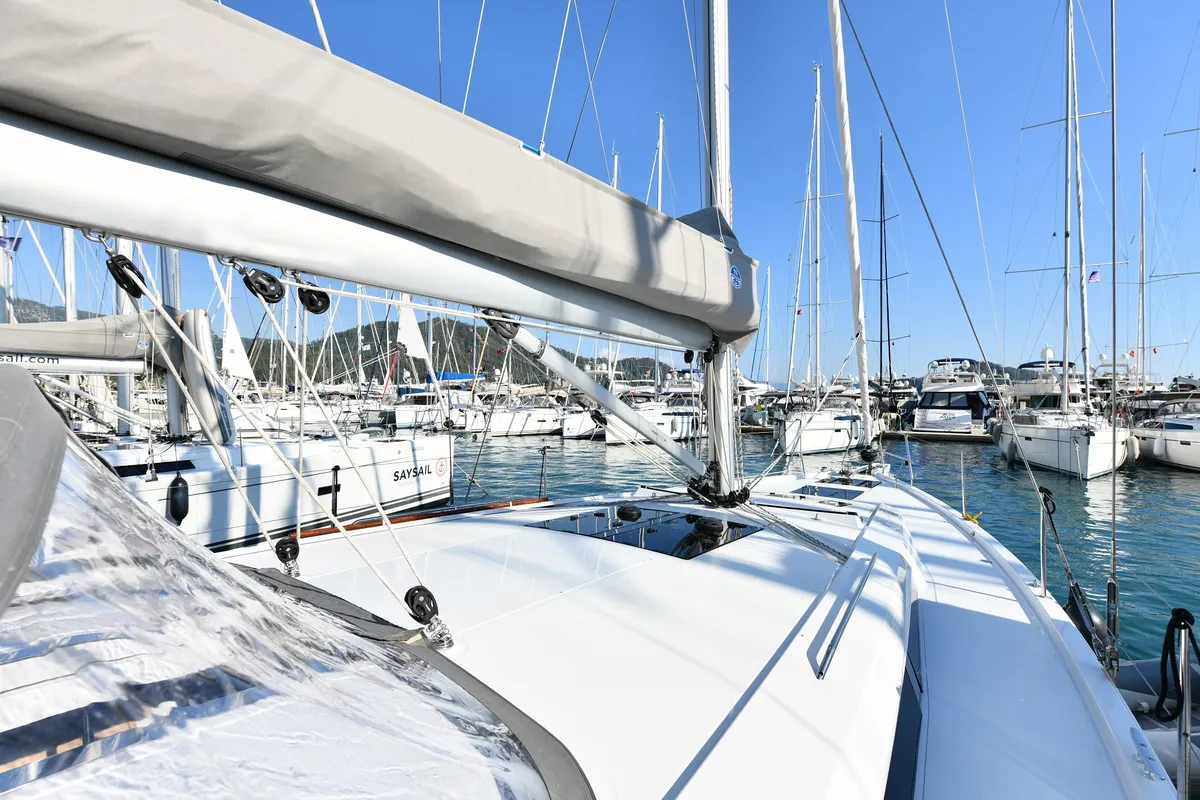 Exterior view of Yassica, a Hanse 460 sailboat at Fethiye, Turkey