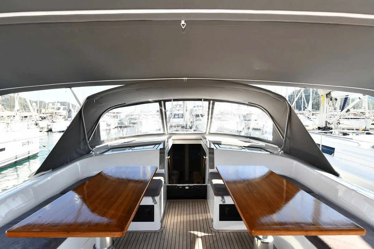 Cockpit of Yassica, a Hanse 460 sailboat at Fethiye, Turkey