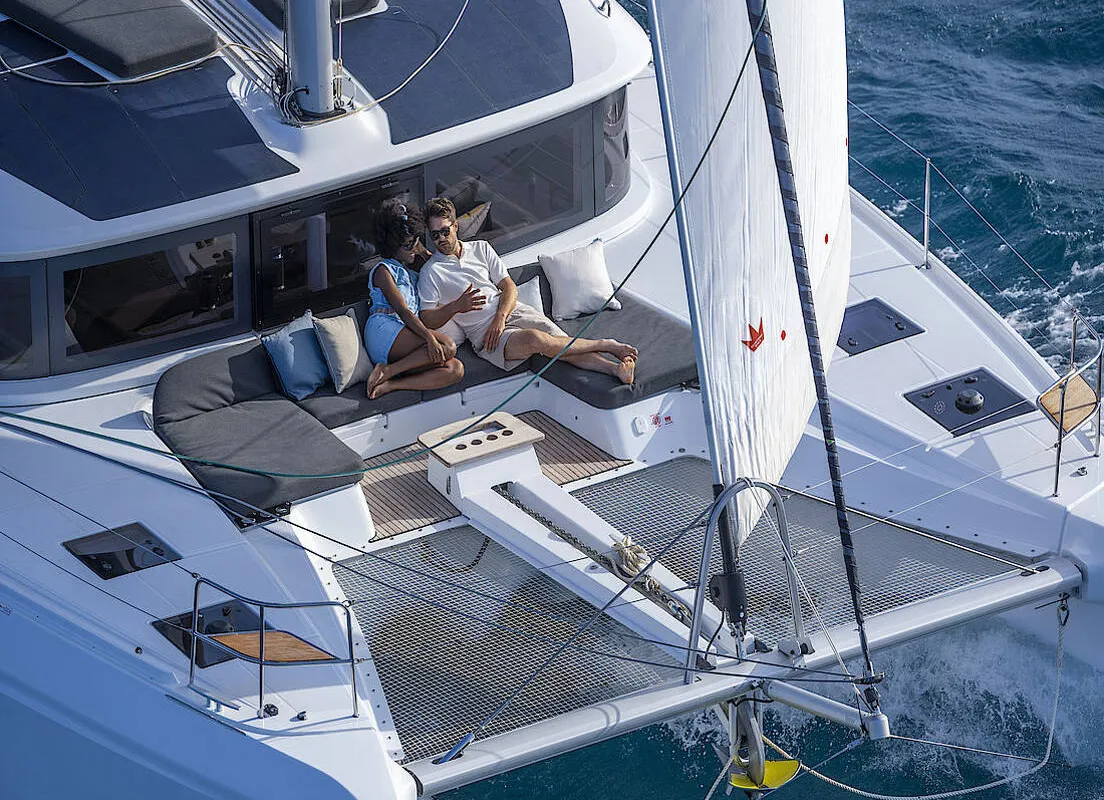 Deck of Star Treyk, a Lagoon 51 catamaran at Agios Stefanos, Greece