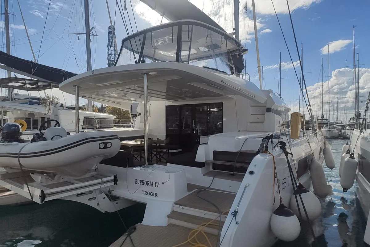 Exterior view of Star Treyk, a Lagoon 51 catamaran at Agios Stefanos, Greece