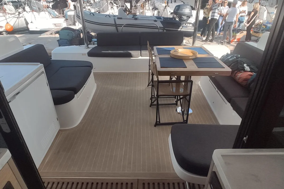 Deck of Star Treyk, a Lagoon 51 catamaran at Agios Stefanos, Greece