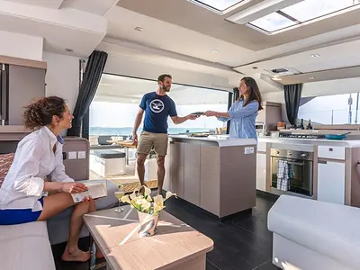 Deck of Ocean Eye, a Fountaine Pajot Aura 51 catamaran at Trogir, Croatia