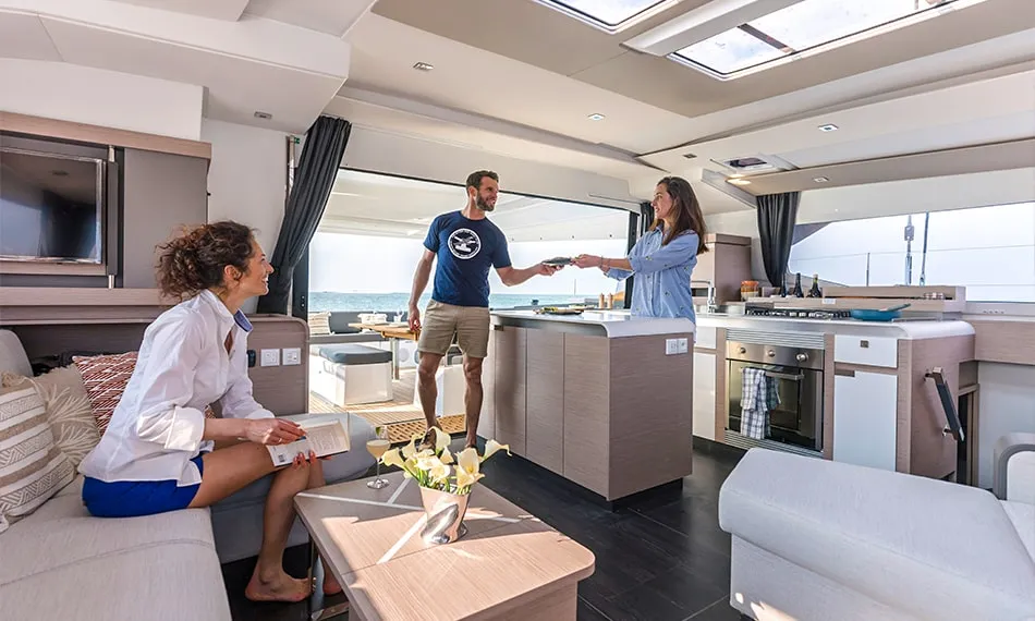 Deck of Ocean Eye, a Fountaine Pajot Aura 51 catamaran at Trogir, Croatia