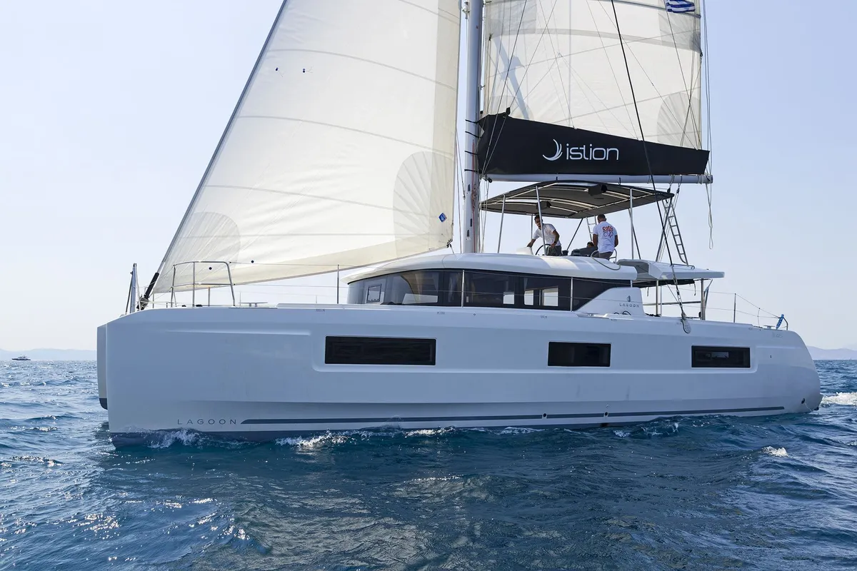Exterior view of No Worries, a Lagoon 46 catamaran at Municipal Unit of Rhodes, Greece