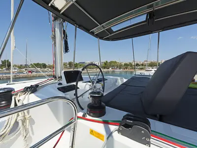 Cockpit of No Worries, a Lagoon 46 catamaran at Municipal Unit of Rhodes, Greece