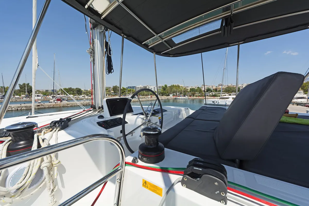 Cockpit of No Worries, a Lagoon 46 catamaran at Municipal Unit of Rhodes, Greece