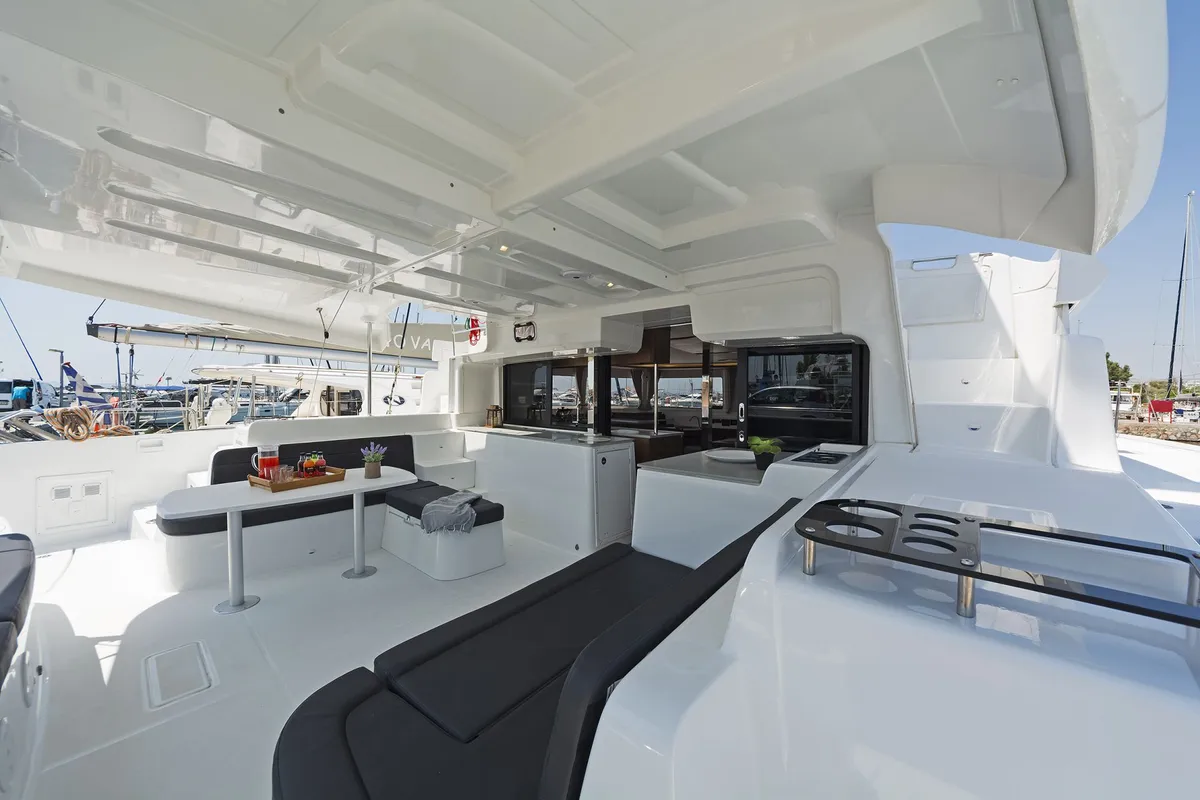 Deck of No Worries, a Lagoon 46 catamaran at Municipal Unit of Rhodes, Greece
