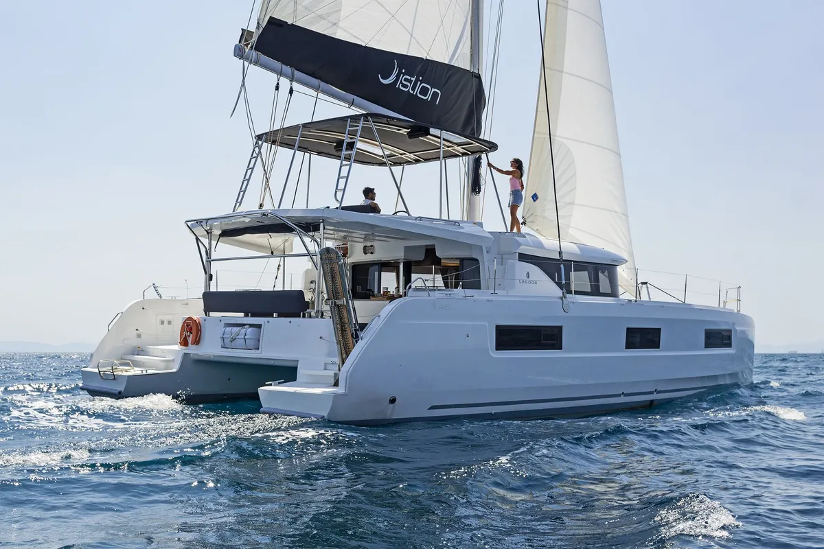 Exterior view of No Worries, a Lagoon 46 catamaran at Municipal Unit of Rhodes, Greece