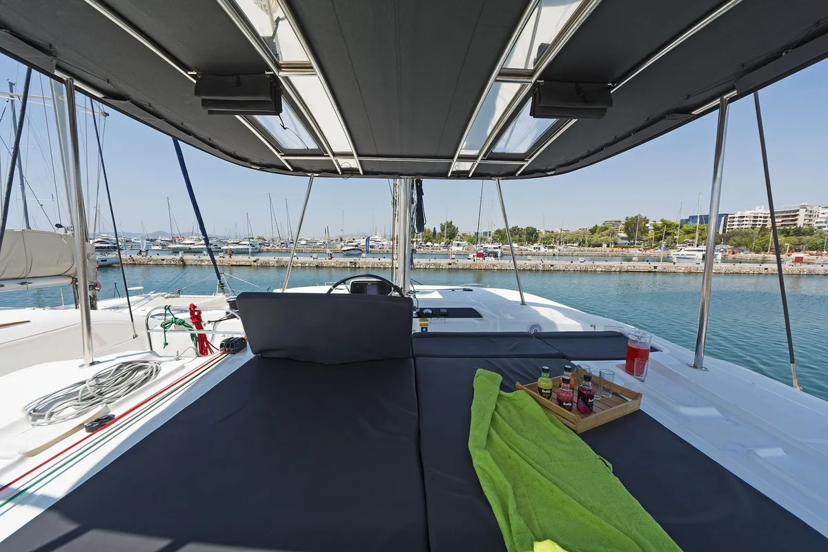 Cockpit of No Worries, a Lagoon 46 catamaran at Municipal Unit of Rhodes, Greece