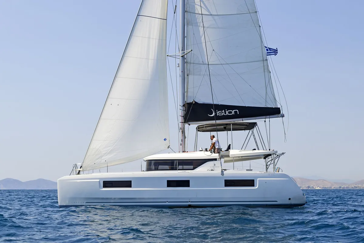 Exterior view of No Worries, a Lagoon 46 catamaran at Municipal Unit of Rhodes, Greece