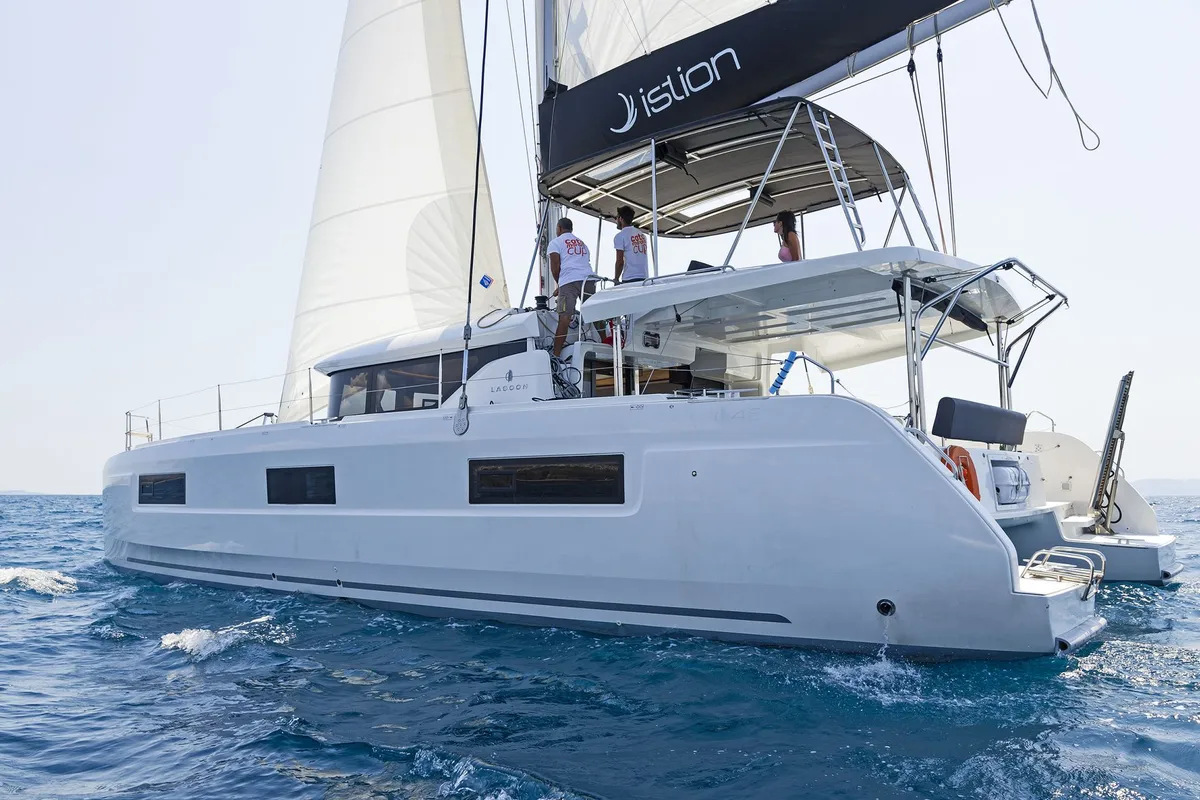 Exterior view of No Worries, a Lagoon 46 catamaran at Municipal Unit of Rhodes, Greece