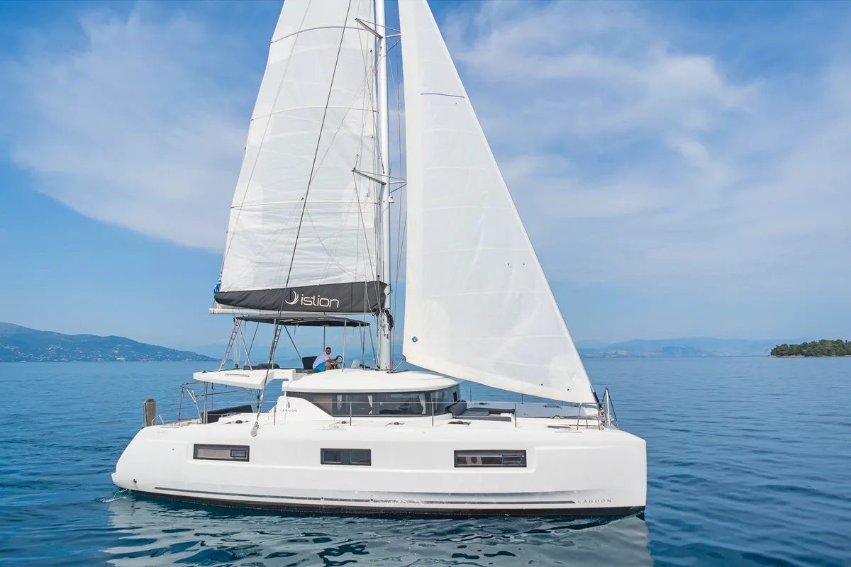 Exterior view of No Worries, a Lagoon 46 catamaran at Municipal Unit of Rhodes, Greece