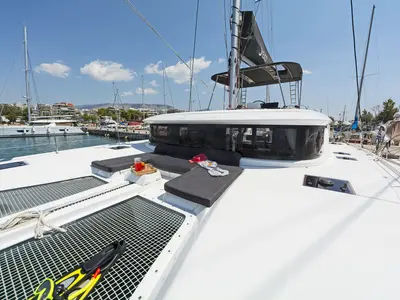 Deck of No Worries, a Lagoon 46 catamaran at Municipal Unit of Rhodes, Greece