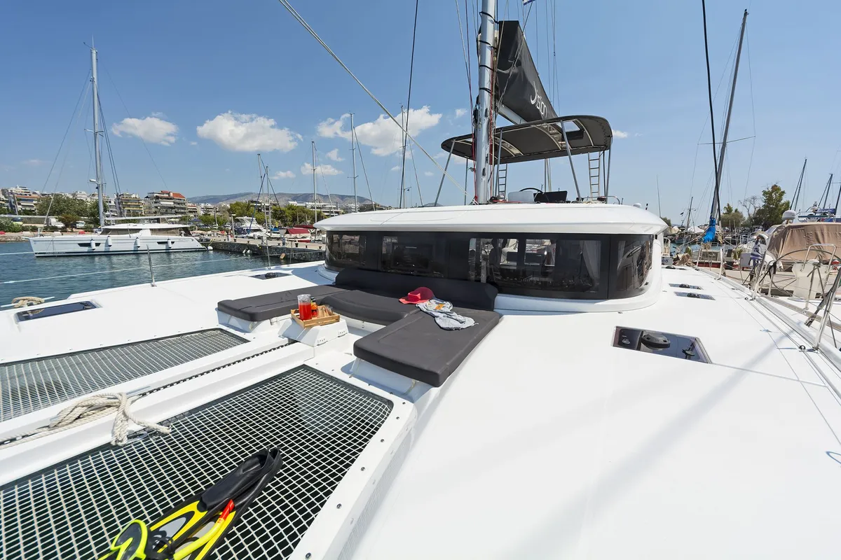 Deck of No Worries, a Lagoon 46 catamaran at Municipal Unit of Rhodes, Greece