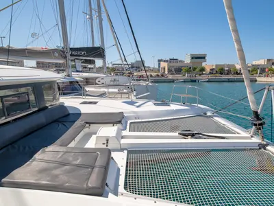 Deck of No Worries, a Lagoon 46 catamaran at Rhodes, Greece