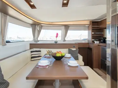 Salon of No Worries, a Lagoon 46 catamaran at Rhodes, Greece