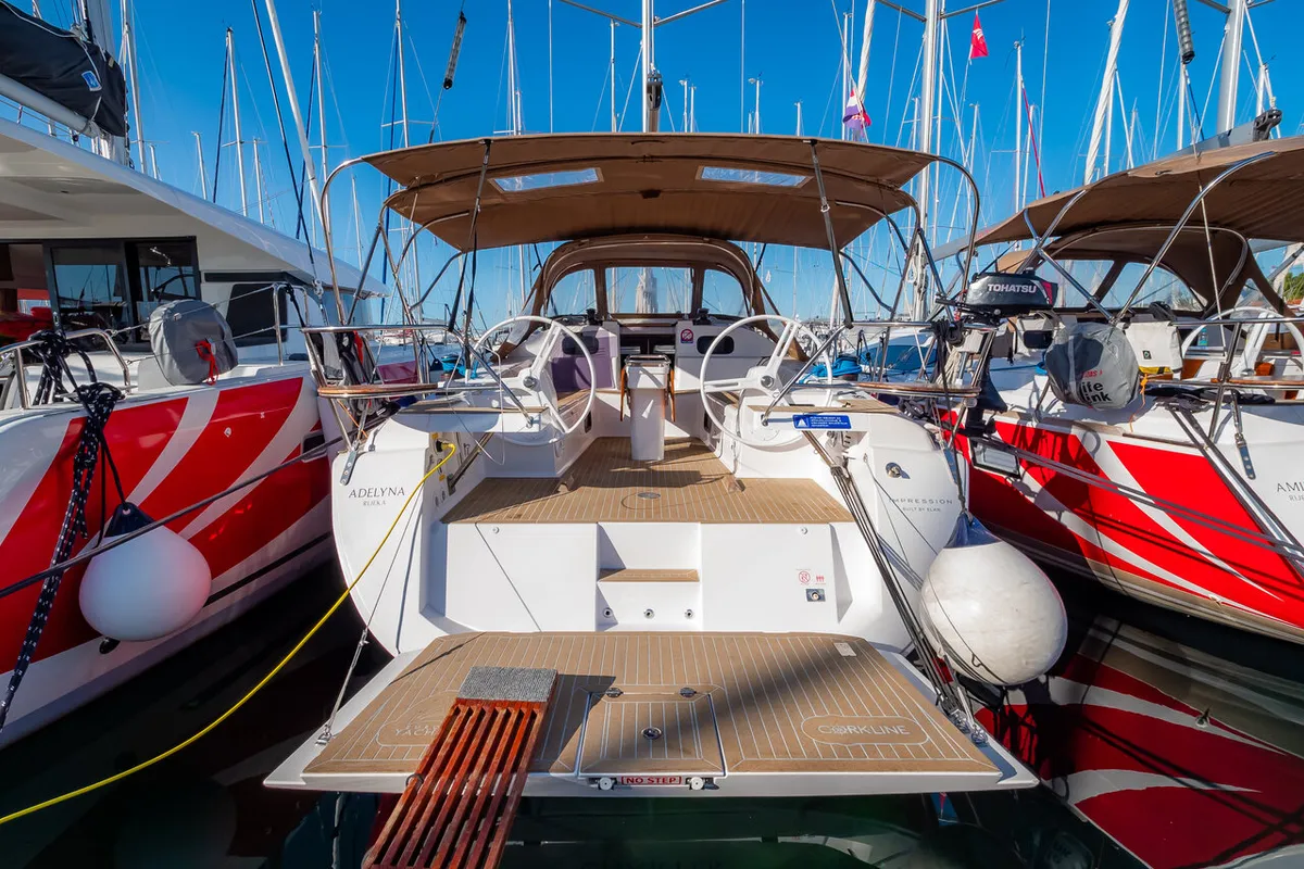 Exterior view of Adelyna, a Elan Impression 45 sailboat at Grad Biograd na Moru, Croatia