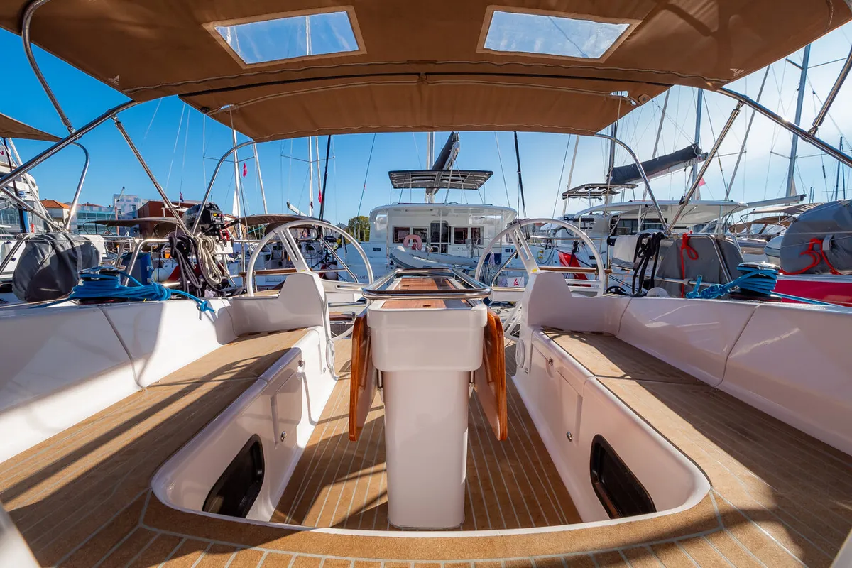 Cockpit of Adelyna, a Elan Impression 45 sailboat at Grad Biograd na Moru, Croatia