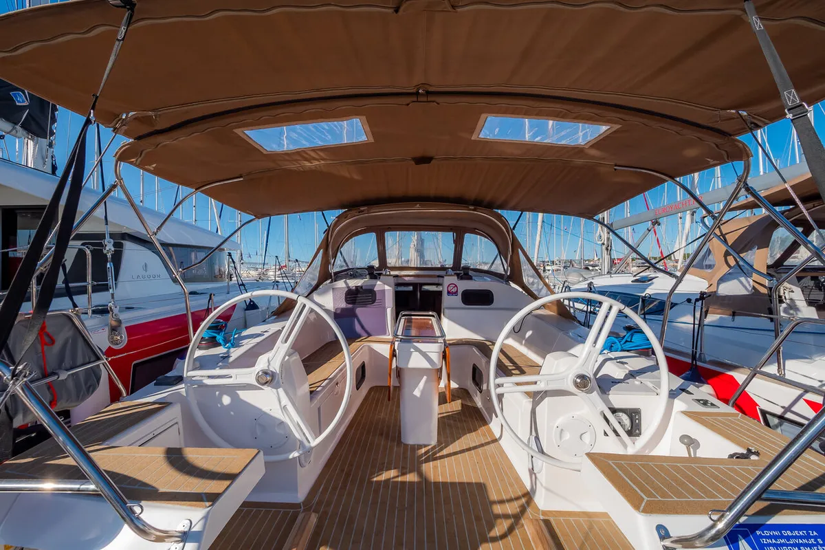 Cockpit of Adelyna, a Elan Impression 45 sailboat at Grad Biograd na Moru, Croatia