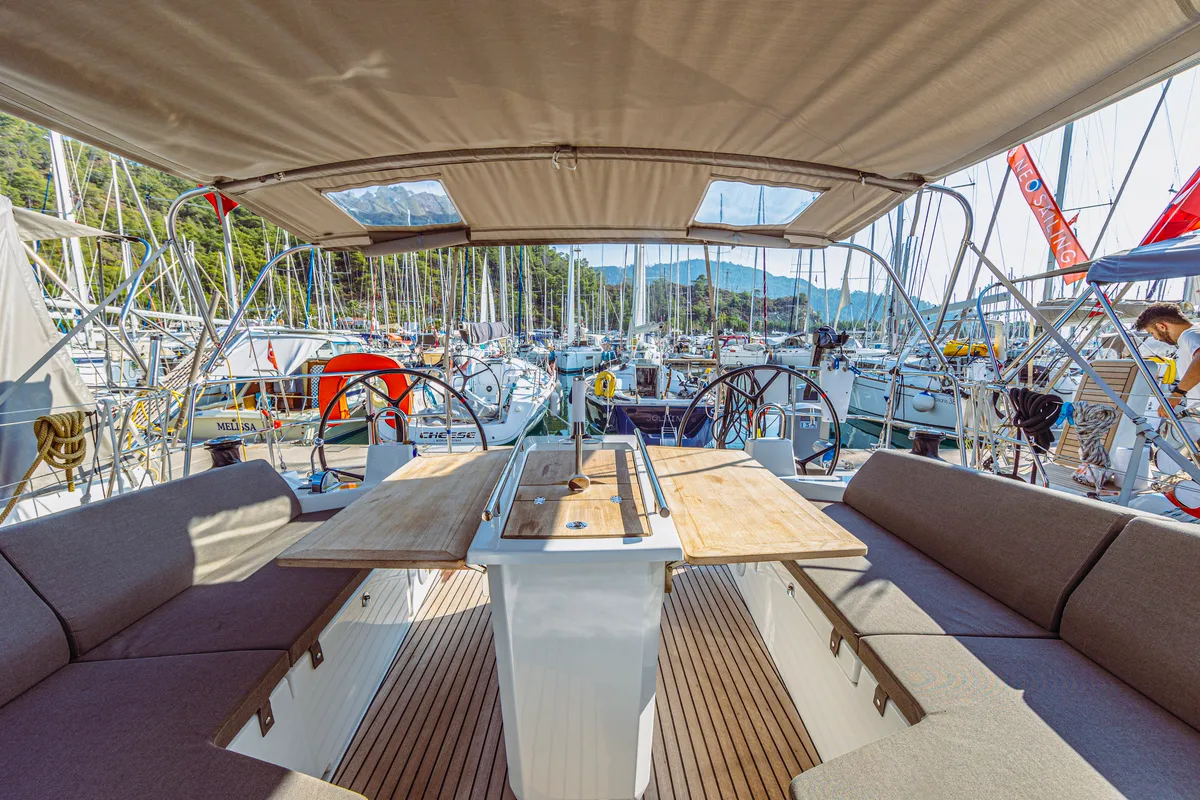 Cockpit of Miro 2022, a Beneteau Oceanis 40.1 sailboat at Marmaris, Turkey
