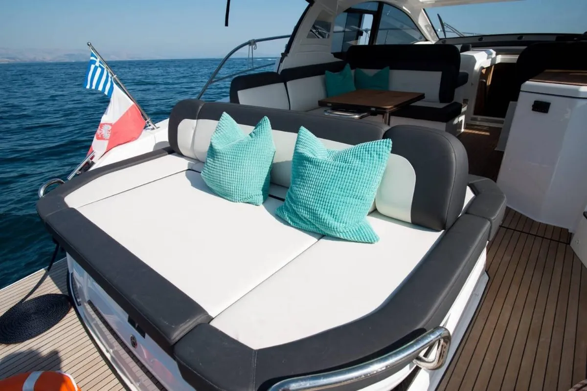 Deck of Sandy I, a Bavaria SR41 motor yacht at Kontokali, Greece