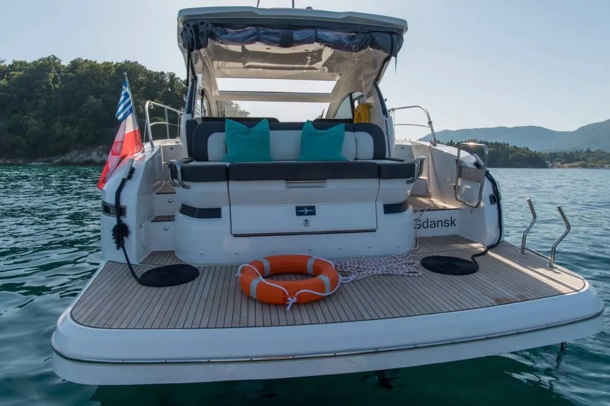 Deck of Sandy I, a Bavaria SR41 motor yacht at Kontokali, Greece