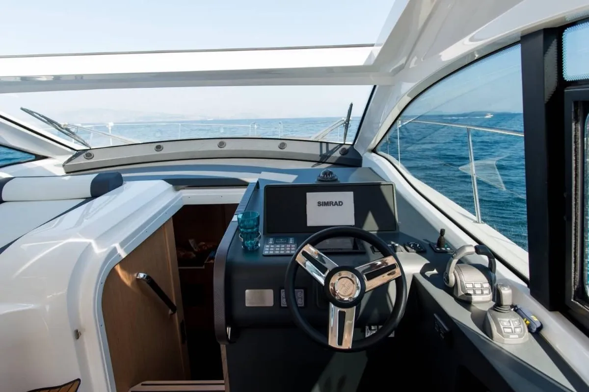 Cockpit of Sandy I, a Bavaria SR41 motor yacht at Kontokali, Greece