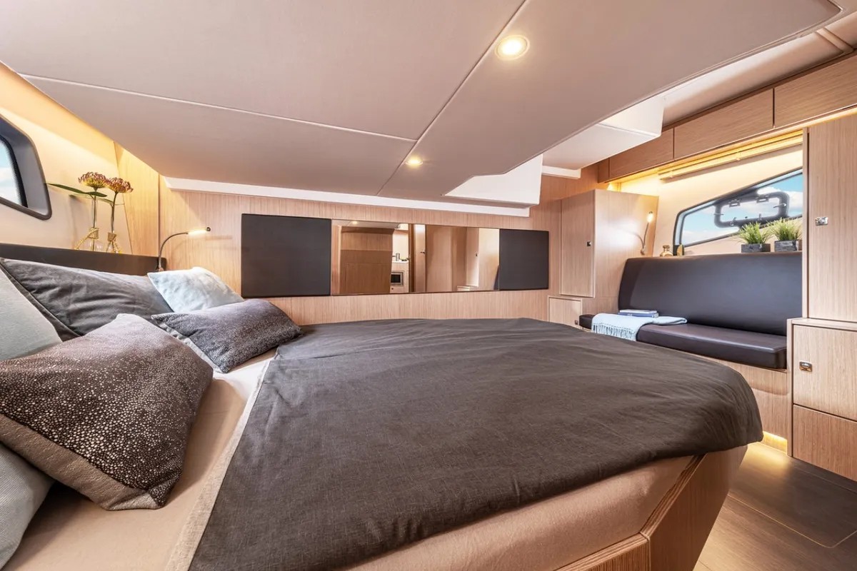 Cabin on Sandy I, a Bavaria SR41 motor yacht at Kontokali, Greece