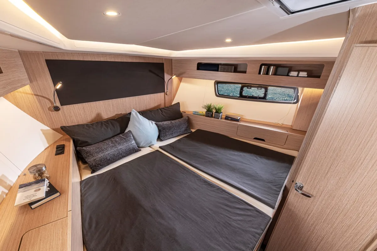 Cabin on Sandy I, a Bavaria SR41 motor yacht at Kontokali, Greece