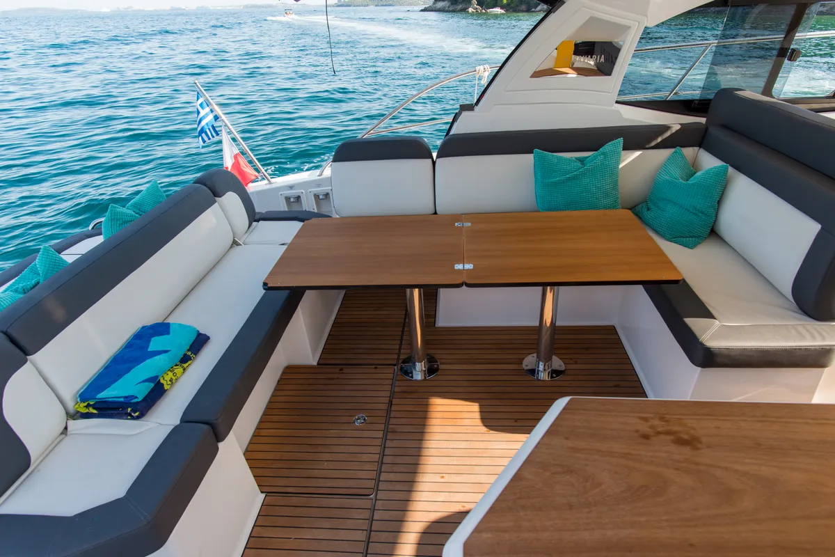 Deck of Sandy I, a Bavaria SR41 motor yacht at Kontokali, Greece
