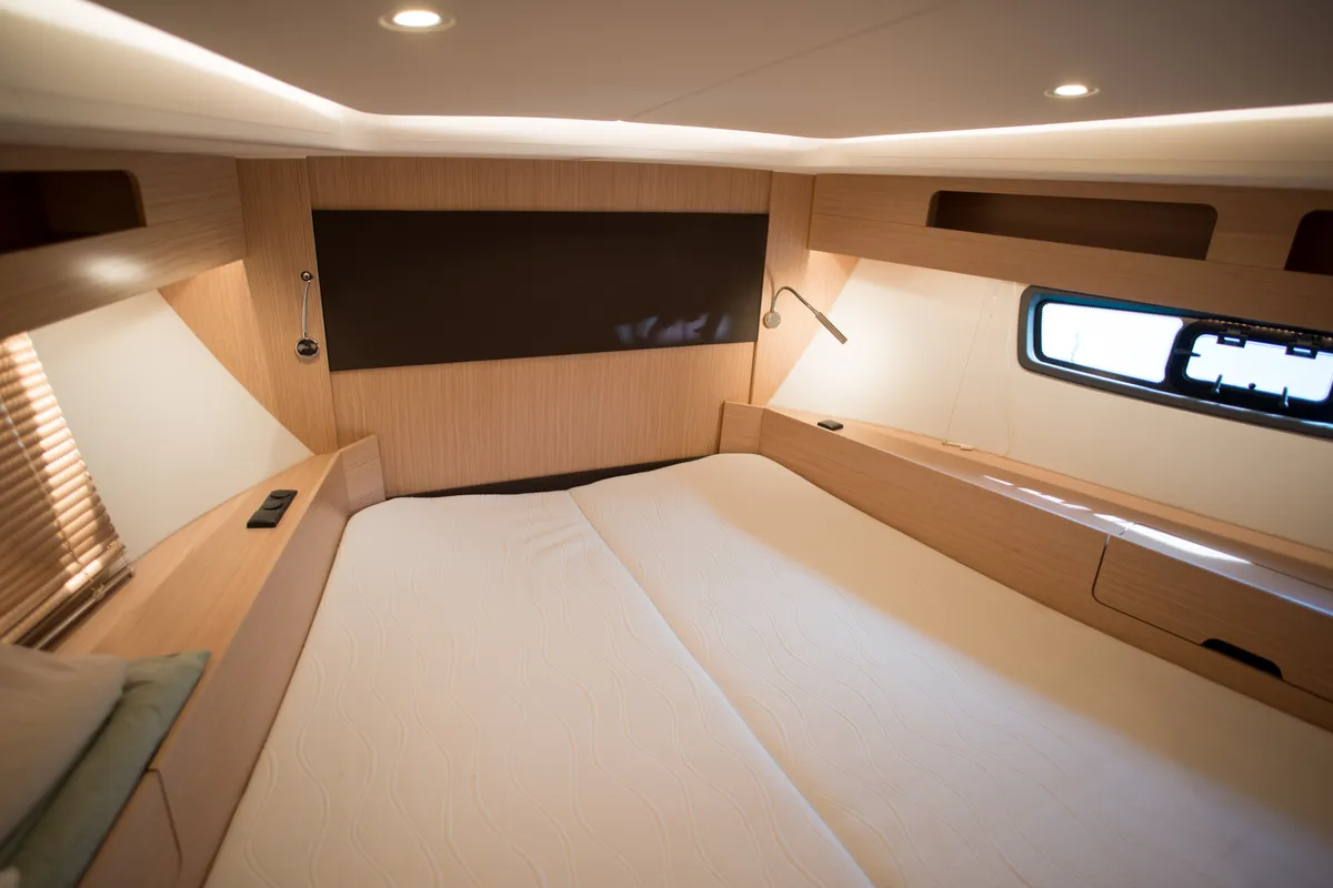 Cabin on Sandy I, a Bavaria SR41 motor yacht at Kontokali, Greece