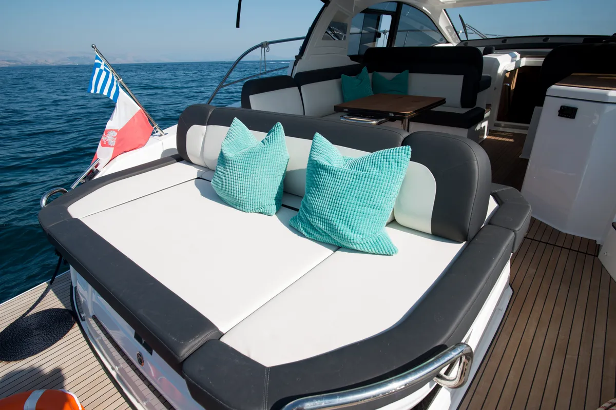 Deck of Sandy I, a Bavaria SR41 motor yacht at Kontokali, Greece