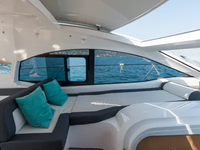 Deck of Sandy I, a Bavaria SR41 motor yacht at Kontokali, Greece