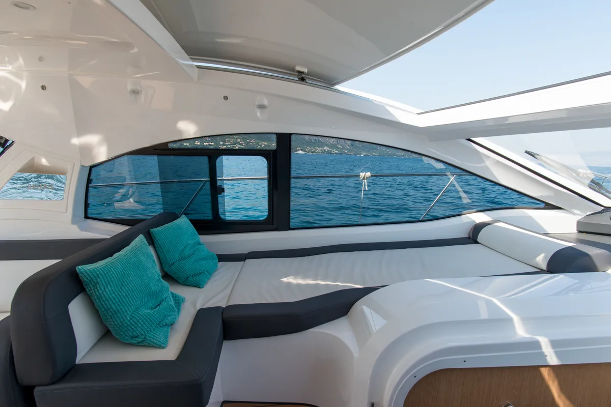 Deck of Sandy I, a Bavaria SR41 motor yacht at Kontokali, Greece
