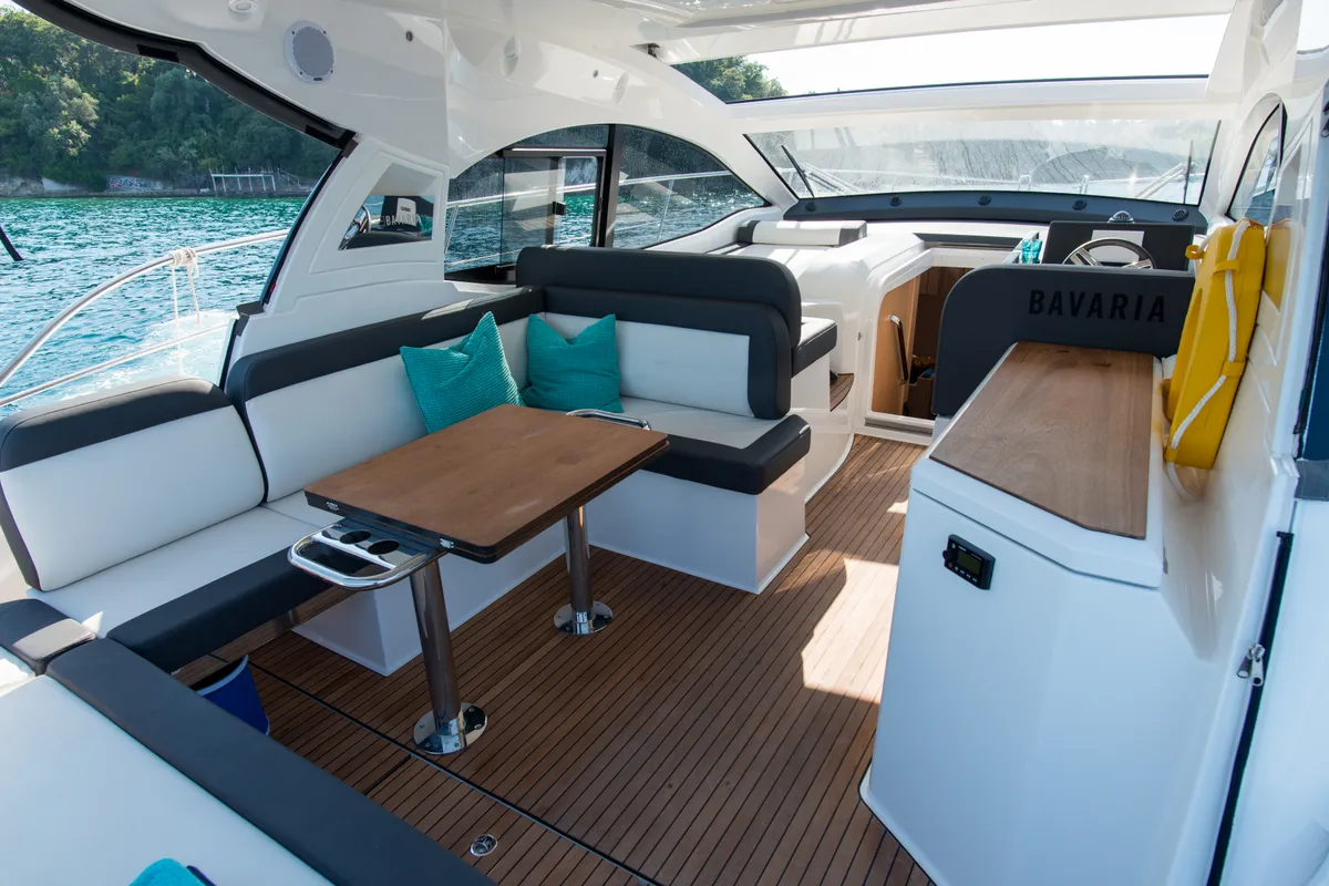 Deck of Sandy I, a Bavaria SR41 motor yacht at Kontokali, Greece