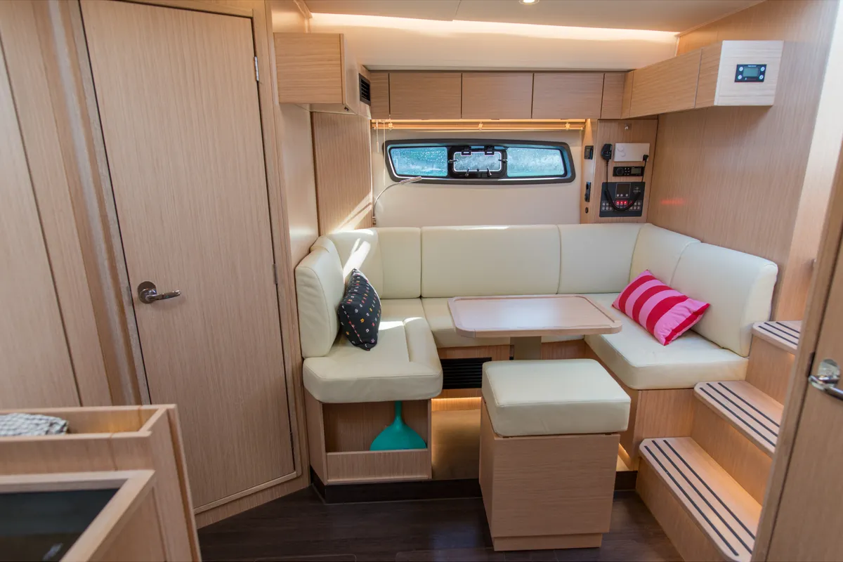 Salon of Sandy I, a Bavaria SR41 motor yacht at Kontokali, Greece