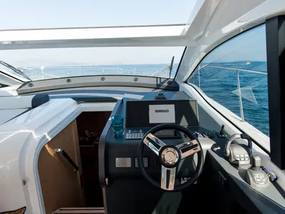 Cockpit of Sandy I, a Bavaria SR41 motor yacht at Kontokali, Greece
