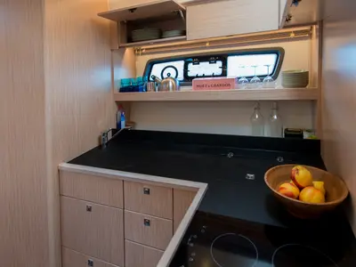 Galley of Sandy I, a Bavaria SR41 motor yacht at Kontokali, Greece