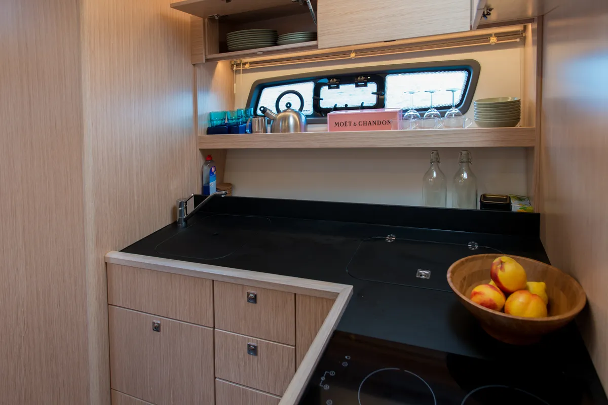 Galley of Sandy I, a Bavaria SR41 motor yacht at Kontokali, Greece