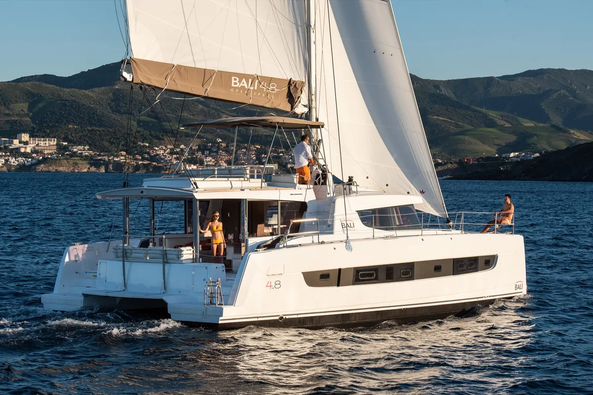 Exterior view of Comfort, a Bali 4.8 catamaran at Lavreotiki Municipal Unit, Greece