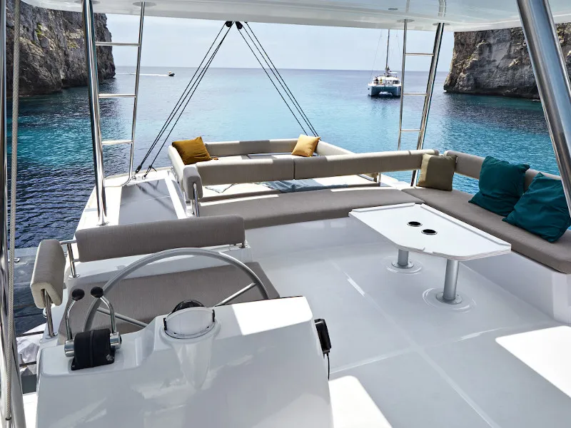 Cockpit of Comfort, a Bali 4.8 catamaran at Lavreotiki Municipal Unit, Greece