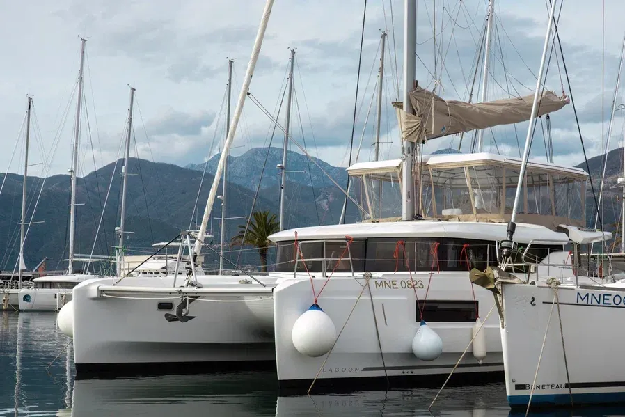 Exterior view of St. Tatiana, a Lagoon 46 catamaran at Tivat, Montenegro