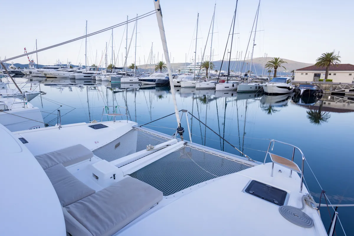 Deck of St. Tatiana, a Lagoon 46 catamaran at Tivat, Montenegro