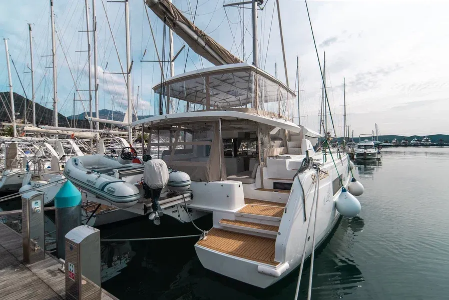 Exterior view of St. Tatiana, a Lagoon 46 catamaran at Tivat, Montenegro