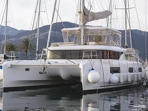 Exterior view of St. Tatiana, a Lagoon 46 catamaran at Tivat, Montenegro