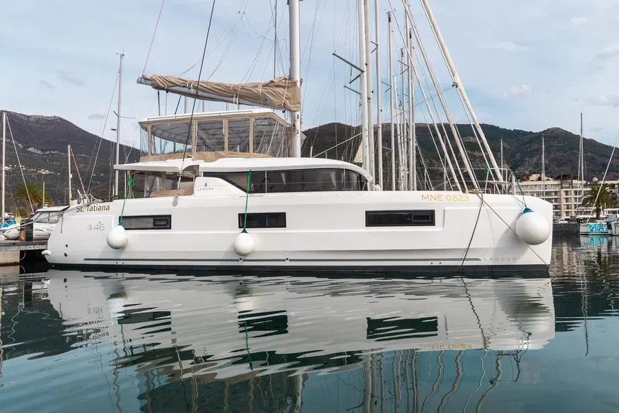 Exterior view of St. Tatiana, a Lagoon 46 catamaran at Tivat, Montenegro