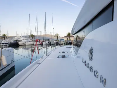 Deck of St. Tatiana, a Lagoon 46 catamaran at Tivat, Montenegro