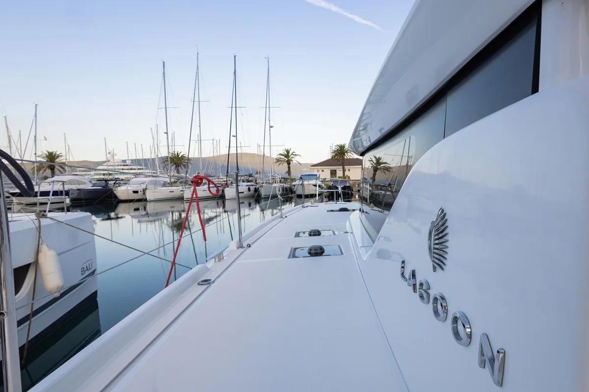 Deck of St. Tatiana, a Lagoon 46 catamaran at Tivat, Montenegro
