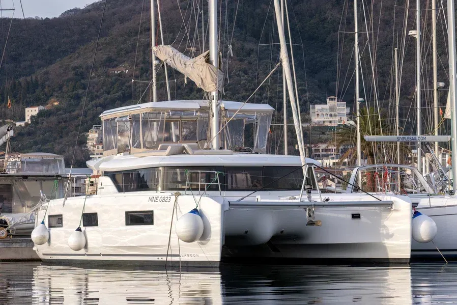 Exterior view of St. Tatiana, a Lagoon 46 catamaran at Tivat, Montenegro